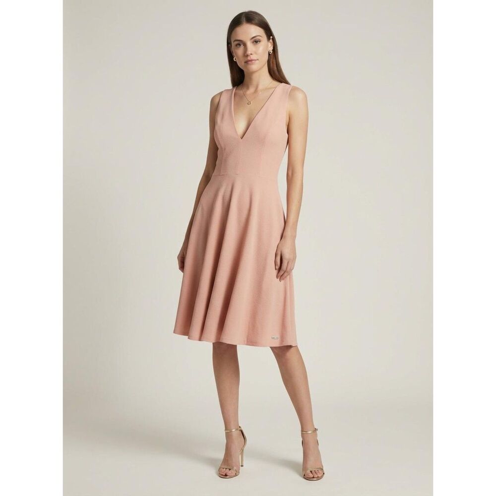 Dress The Population Fit & Flare Blush Pink Crepe Womens Medium Wedding Guest